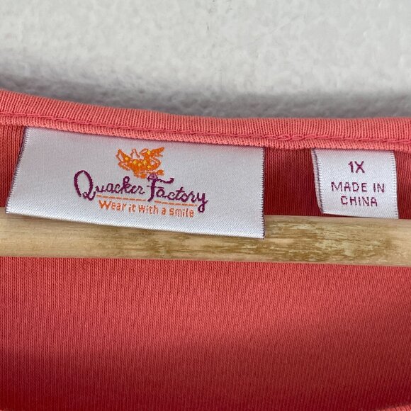 Quacker Factory Womens Plus 1X Embroidered Floral Top Coral 3/4 Sleeve Shirt - Picture 4 of 11